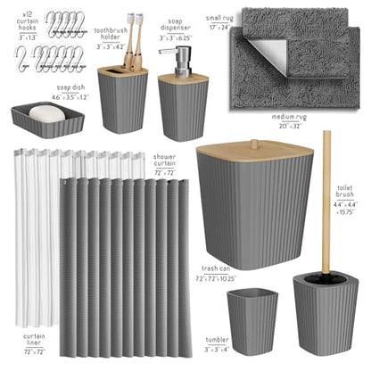 Clara Clark Bathroom Accessories Set - Bathroom Set, Bathroom Sets with Shower Curtain and Rugs, Shower Curtain Set with Bathroom Trash Can - Grey - 22PC - color: Grey, size: Complete Set + Bath Rugs