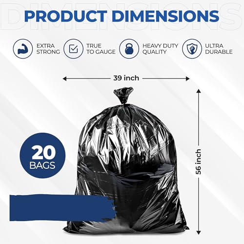 55 Gallon Large Trash Bags [39” X 56” – 20 Micron] 20 Black Contractor Garbage Bags | Heavy Duty Lawn Leaf Yard Waste Bags | 55-60 Gallon Extra Large Construction Industrial Plastic Trash Can Liners - size: 1 Count (Pack of 20)