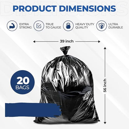 55 Gallon Large Trash Bags [39” X 56” – 20 Micron] 20 Black Contractor Garbage Bags | Heavy Duty Lawn Leaf Yard Waste Bags | 55-60 Gallon Extra Large Construction Industrial Plastic Trash Can Liners - size: 1 Count (Pack of 20)