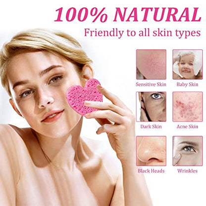 50-Count Kickleen Compressed Cellulose Heart Shape Facial Sponges | Natural Cosmetic Spa Sponges for Facial Cleansing | Exfoliating | Makeup Mask Removal | Reusable | Skin Massage (50 Count (Pink)) - color: 50 Count (Pink)