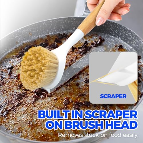 Holikme 3 Pack Dish Brush Set with Bamboo Handle, Kitchen Cleaner for Cleaning Pot, Pan, Sink and Stove, Scrubber with Medium Bristles, Yellow - color: Yellow