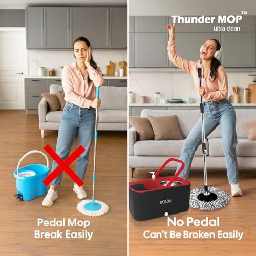 Thunder MOP Spin System - Ultra Clean - Single Bucket Microfiber Head, Stainless Steel Wringer, Antifungal Quick-Dry Cleaning, Soap Dispenser, 3 Free Refills (Navy/Cyan) - color: Navy / Aqua
