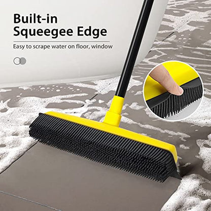 Rubber Broom with Squeegee, Carpet Rake for Pet Hair Removal 54 Inches Long Handle, Fur Remover, Portable Detailing Lint Brush for Fluff Carpet, Window, Tile, Hardwood Floor