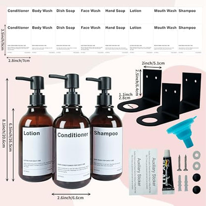 Shampoo Dispenser for Shower Wall, Shampoo and Conditioner Dispenser with 16 Waterproof Labels, Shower Dispenser 3 Chamber No Drill, Shower Soap Dispenser Wall Mounted for Bathroom, 17oz, Amber - color: 2-amber Bottle + Black Pump