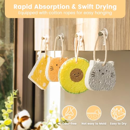 Cellulose Compressed Eco-Sponge 5 Pack- Avocado Sandwich Set |Standard Size| Plastic-Free & Made of All-Natural Wood Pulp | Showering, Dishwashing & Cleaning for Household, Kitchen & Bathroom