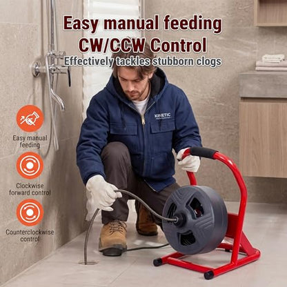 50FT x 5/16 Inch Drain Cleaner Machine, Electric Drain Auger for 3/4"-3" Pipes, Sewer Snake Auger with 4 Cutters & Pneumatic Foot Switch - style: 50FT x 5/16inch