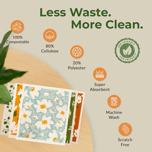 Swedish Dishcloths, Super Absorbent Multi-Surface Cleaning Cloths, Blue Floral Print, 80% Cellulose, 6.7x7.5 Inch, Set of 5 Designs - color: Multicolor