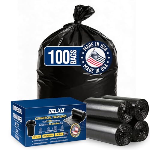 Delxo 30-33 Gallon Trash Bags, 1.2 Mil Commercial Black Garbage Bags, 32” x 38” Medium Duty Large Plastic Trash Bags, Commercial Liners for Office, Retail & Paper Waste, Made in USA, 100 Count