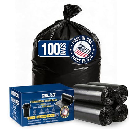 Delxo 30-33 Gallon Trash Bags, 1.2 Mil Commercial Black Garbage Bags, 32” x 38” Medium Duty Large Plastic Trash Bags, Commercial Liners for Office, Retail & Paper Waste, Made in USA, 100 Count