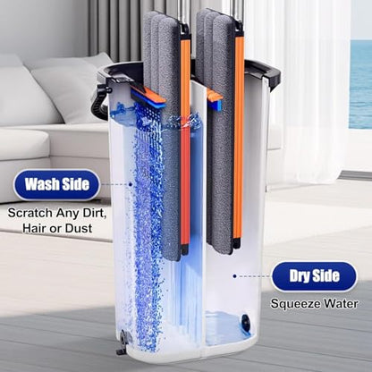 16 Inch Dual-Bucket Spin Mop Set, ， Hands-Free Wringing System，360° Rotating Flat Mop with Separate Clean & Dirty Water, Aluminum Alloy Head & 8 Microfiber Pads