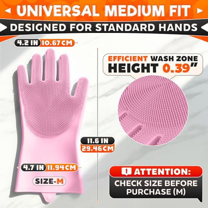 ALPENKOK Silicone Dishwashing Gloves with Scrubber – Non-Slip Silicone Gloves for Washing Dishes | Household Use - color: Pink