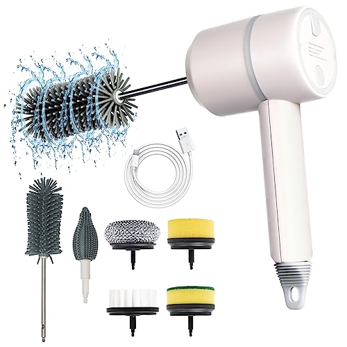 Super Electric Spin Scrubber 1000RPM with 6 Brush Heads, Portable Rechargeable Scrub Cleaner Cordless for Bathroom, Kitchen, Toilet, Bottle, Dish, Tile, Tub, Floor, Window Cleaning