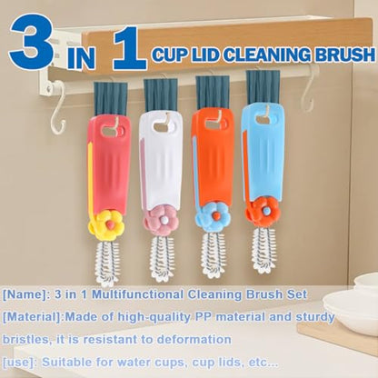 3 in 1 Cup Lid Cleaning Brush, 4PCS Multifunctional Crevice Cleaning Brush for Water Bottle Insulated Cup Tumbler Lid Groove Narrow Space Detail Cleaner Home Kitchen Gadgets - color: Red, Blue, White, Orange(flower)