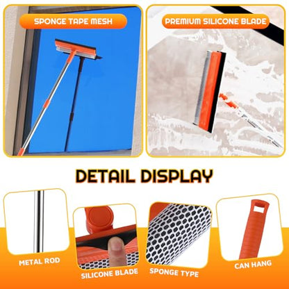 Window Squeegee with 62" Adjustable Stainless Steel Pole —2-in-1 Sponge Scrubber &Streak-Free Blade, No Ladder for 1-Story &Skylights,Car &RV Windshields,Shower Doors,Tile Orange