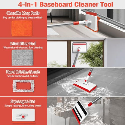 JEHONN Baseboard Cleaner Tool with Handle, 56 inches Base Boards Cleaning Mop Scrubber, 1 Stiff Bristles Brush, 2 Chenille and 2 Microfiber Pads, Wall Duster for Floorboard Ceiling Window Tile - color: Red