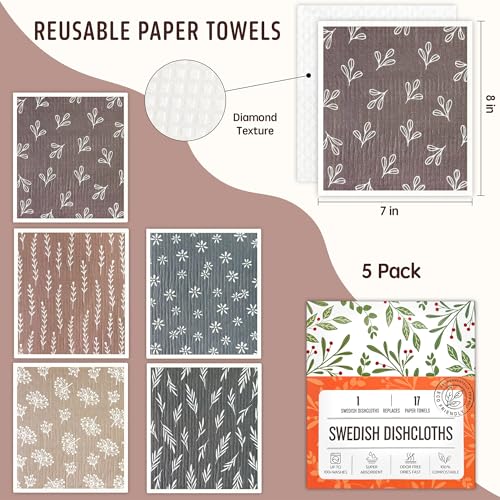 Swedish Dishcloths for Kitchen, 5 Pack Reusable Paper Towels Washable, Super Absorbent Swedish Dish Cloths, Non-Scratch, Biodegradable - color: 5 Count- Leaf