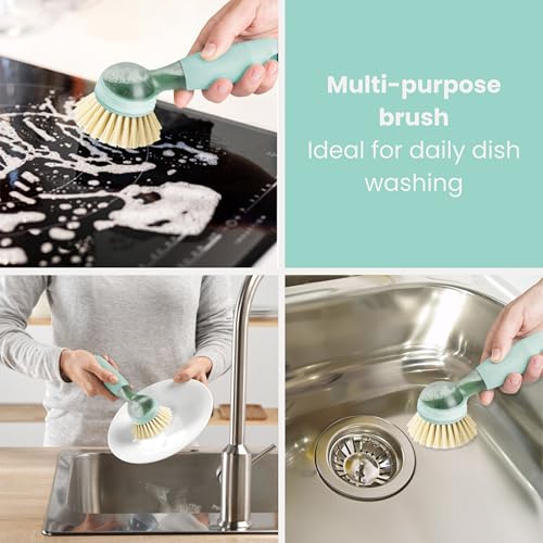Vigar Rengo Dish Brush with Soap Dispenser - Dish Scrubber with Handle, Kitchen Scrub Brush for Dishes, Sink Cleaning Brush, Soap Dispensing Dish Wand with Nylon Bristles, Non Scratch - Turquoise - color: Turquoise