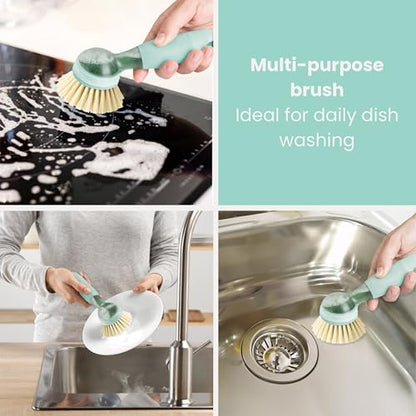 Vigar Rengo Dish Brush with Soap Dispenser - Dish Scrubber with Handle, Kitchen Scrub Brush for Dishes, Sink Cleaning Brush, Soap Dispensing Dish Wand with Nylon Bristles, Non Scratch - Turquoise - color: Turquoise