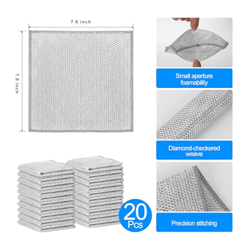 20 PCS Multipurpose Non Scratch Wire Dishcloth,Reusable Kitchen Cleaning Cloths,Multipurpose Wire Dishwashing Rag for Wet and Dry Dish