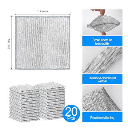 20 PCS Multipurpose Non Scratch Wire Dishcloth,Reusable Kitchen Cleaning Cloths,Multipurpose Wire Dishwashing Rag for Wet and Dry Dish