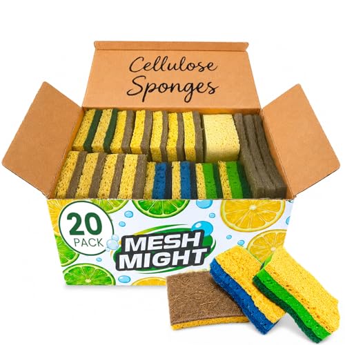 Kitchen Sponges, 20 Count, Plant-Based Cellulose + PET Scrub Sponge Set, Scratch & Non- Scratch Dish Sponges, Assorted Cleaning Sponges