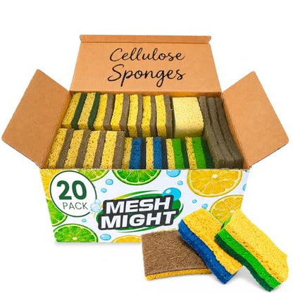 Kitchen Sponges, 20 Count, Plant-Based Cellulose + PET Scrub Sponge Set, Scratch & Non- Scratch Dish Sponges, Assorted Cleaning Sponges