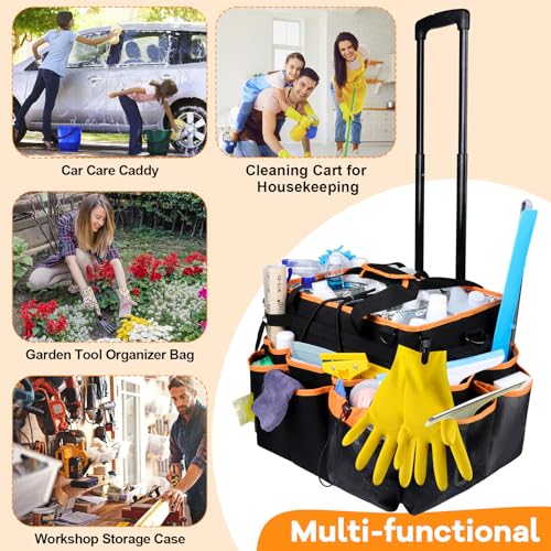 COVKEV Rolling Cleaning Caddy with Wheels& Built-in Board, Extra Large Cleaning Caddy Bag with Detachable Trolley, Water Resistant Lining Cleaning Supplies Organizer on Wheels for Housekeepers (Black)