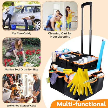 COVKEV Rolling Cleaning Caddy with Wheels& Built-in Board, Extra Large Cleaning Caddy Bag with Detachable Trolley, Water Resistant Lining Cleaning Supplies Organizer on Wheels for Housekeepers (Black)