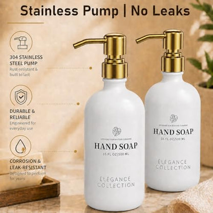 Fachixy White Glass Soap Dispenser (2 Pack), 16 Fl Oz Hand & Dish Soap Dispenser Bottles Set with Leak-Resistant Stainless Steel Pump, Non-Slip Pad, 14 Waterproof Labels for Kitchen and Bathroom - color: White