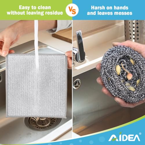 AIDEA Non Scratch Wire Dishcloth 24PK, Wire Dishwashing Rag for Wet and Dry, Dish Cloths for Washing Dishes, Cleaning Pads Steel Scrubber for Cookware, Sinks, Dishes, Stove Tops, 7"×8" - color: Silver