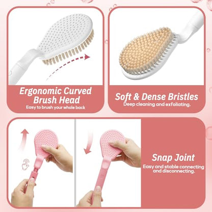 Back Scrubber for Shower & Silicone Bath Glove Set, 19’’ Detachable Long Handle Body Scrubber Wet or Dry Brush, Adjustable 2-in-1 Back & Body Brush with Soft Bristles for Deep Cleaning(Pink) - color: Back Scrubber-pink