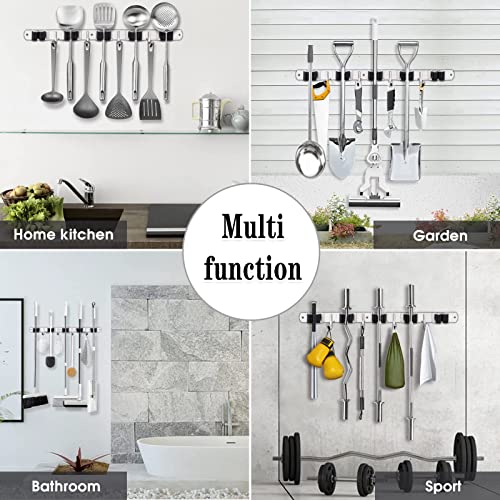 AceMining 5 Racks and 4 Hooks Mop and Broom Holder Wall Mount, Broom Organizer Storage Tool Racks Stainless Steel Heavy Duty Hooks Self Adhesive Solid Non-slip for Home Kitchen Garden Laundry Garage - color: 5 Racks & 4 Hooks (Silver) - 1 Pack