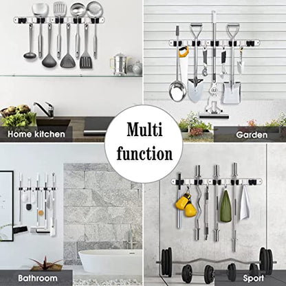AceMining 5 Racks and 4 Hooks Mop and Broom Holder Wall Mount, Broom Organizer Storage Tool Racks Stainless Steel Heavy Duty Hooks Self Adhesive Solid Non-slip for Home Kitchen Garden Laundry Garage - color: 5 Racks & 4 Hooks (Silver) - 1 Pack