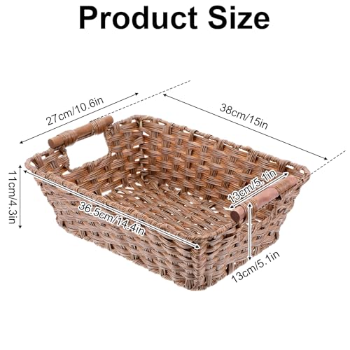 2 Pack Large Waterproof Wicker Storage Basket – 15"x10.6"x5.1" Brown Polypropylene Woven Baskets with Wood Handles & Metal Frame for Pantry, Bathroom, Bedroom, Patio