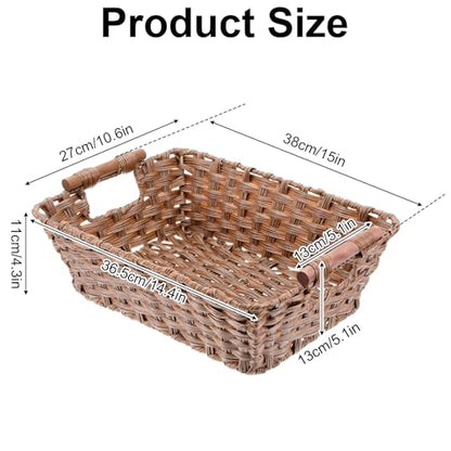 2 Pack Large Waterproof Wicker Storage Basket – 15"x10.6"x5.1" Brown Polypropylene Woven Baskets with Wood Handles & Metal Frame for Pantry, Bathroom, Bedroom, Patio