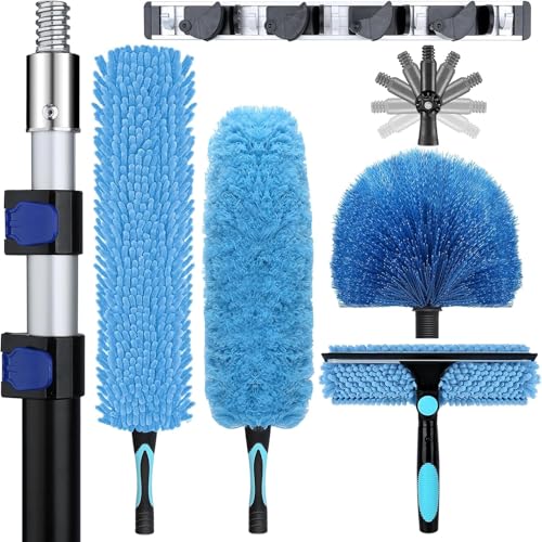 20ft High Ceiling Duster Kits with 5-12ft Heavy Duty Extension Pole - Fan Blade Cleaner, Cobweb Remover & Blue Window Squeegee Kit, Washable Dust Brush for High Roof and Glass Surfaces - size: 12FT