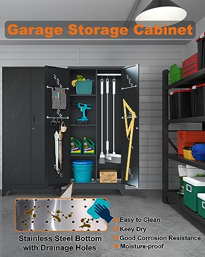 Metal Storage Cabinet with Lock, 71" Garage Storage Cabinets with Hanging Rod & S-Hooks, Large Storage Cabinet, Locking Tool Utility Closet, Black - size: 71" Garage Cabinets