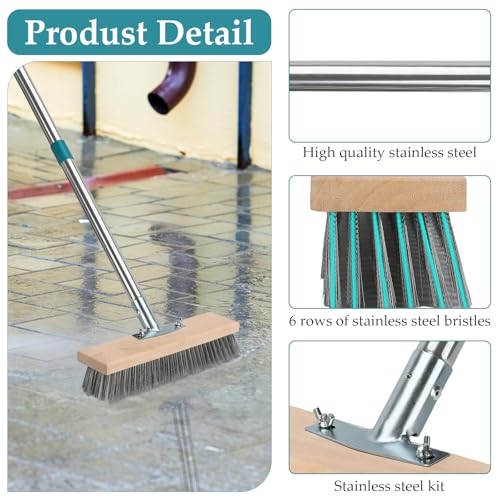 Stainless Steel Deck Scrub Brush with Long Handle, Outdoor Broom for Concrete, Deck, Cement Floor Cleaning, 53" Long Handled Heavy Duty Floor Scrubber