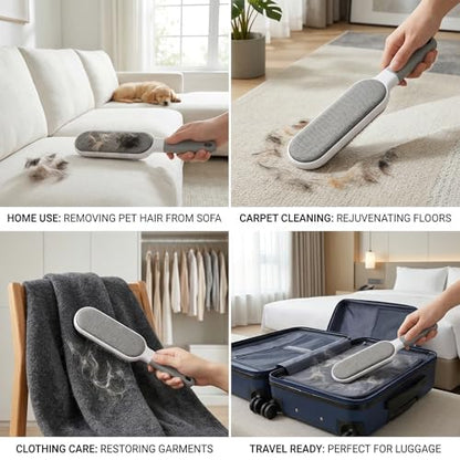 Double Sided Pet Hair Remover Brush, Reusable Lint Brush for Clothes Furniture and Carpet, Fabric and Fur Cleaning Tool, Portable Lint Roller Alternative for Home Travel Daily Use, Grey