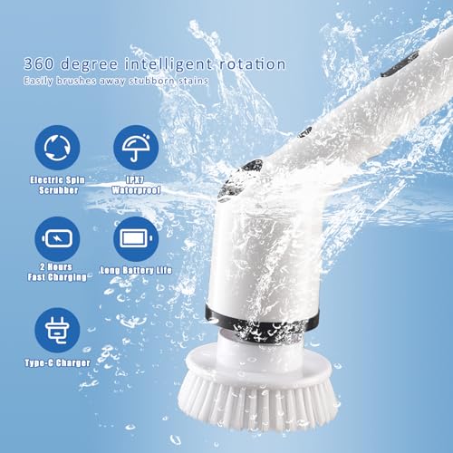 Electric Spin Scrubber, Cordless Cleaning Brush, Shower Scrubber with 9 Replaceable Brush Heads, 52 Inch Detachable Long Handle Power Scrubber 3 Adjustable Speeds Bathroom Floor Tile Window Kitchen