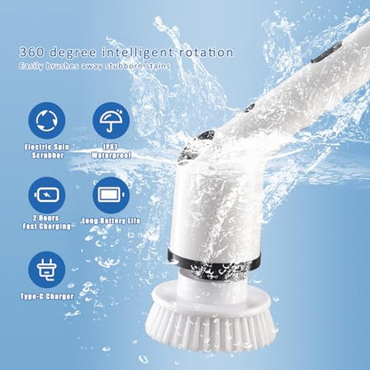 Electric Spin Scrubber, Cordless Cleaning Brush, Shower Scrubber with 9 Replaceable Brush Heads, 52 Inch Detachable Long Handle Power Scrubber 3 Adjustable Speeds Bathroom Floor Tile Window Kitchen