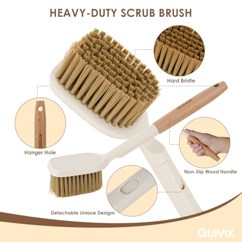 3 Pack Hard Bristle Scrub Brush Set with Long Wooden Handle, 2-in-1 Heavy-Duty Scrubbing Brushes with Scraper Strip, Glass Shower Squeegee, Cleaning Brush for Bathroom, Shower, Floor, Bathtub, Walls