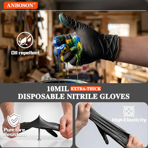 ANBOSON 10mil Heavy Duty Nitrile Gloves XL Black Disposable Rubber Gloves with Diamond Grip Anti Chemical Puncture Resistant Mechanics Guantes for Men/Auto repair/Cooking/Food Grade-Latex Free-100PCS - color: Black-100, size: X-Large