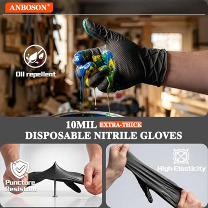 ANBOSON 10mil Nitrile-Gloves Disposable-Black Chemical-Resistant Rubber - Mechanic Gloves Heavy Duty, Latex Free, Diamond Grip (200, Medium) - color: Black-200, size: Medium
