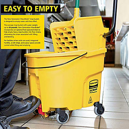 Rubbermaid Commercial Products WaveBrake 44 QT Side-Press Mop Bucket and Wringer Combo on Wheels with Foot Drain Yellow for Heavy-Duty Floor Cleaning - style: Side-Press