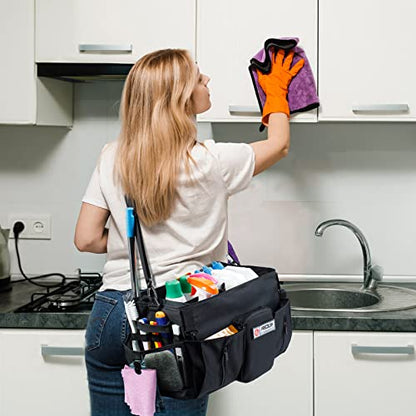 Large Cleaning Supplies Organizer-Cleaning Caddy Organizer With Handles & Shoulder Strap-Cleaning Bags for Cleaning Suppliers-Housekeepers Wearable Cleaning Tote Upgraded - color: Black