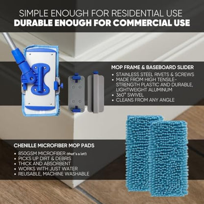 Microfiber Wholesale Baseboard Pro Mucho Mop, Chenille Microfiber Pad, 70" Handle, for Baseboards, Hardwood, Tile and Laminate Floors, 2.5 lbs - size: Baseboard Kit