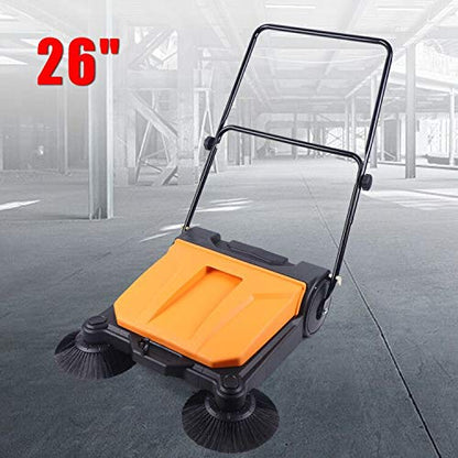 26'' Manual Sweeper Orange Belt 55 Liters Large-Capacity Trash Can Double Push Commercial Sweeper Floor Broom Cleaner SuitableRoads Chicken Farms Stations Airports