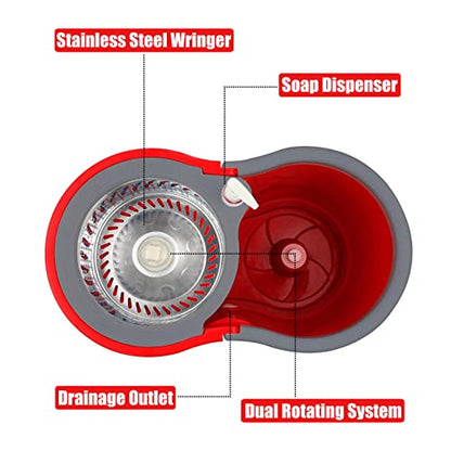360 Mop and Bucket Set, Spin Mop Bucket with Wringer, Microfiber 3 Mop Replacement Heads, Mops for Floor Cleaning, Mop with Bucket (Red) - color: Red-1