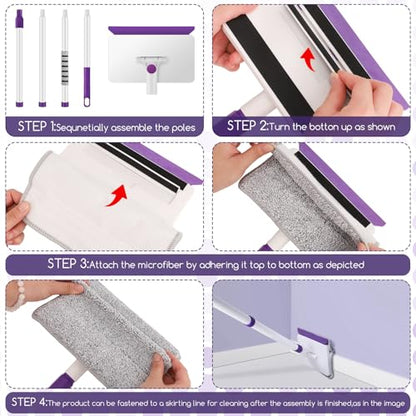 Baseboard Cleaner Tool with Handle, 60" Extendable Long Handle Baseboard Cleaner with 5 Reusable Pads for Baseboards Cleaning, Ceiling, Wall, Floor, Bathroom Kitchen - size: Purple